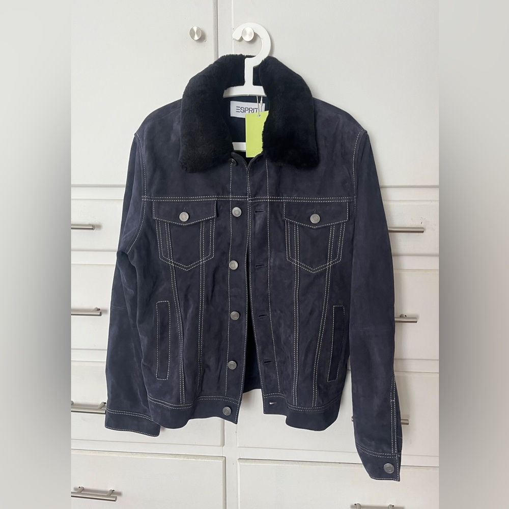 Esprit blue suede Jacket with black Faux Fur Collar size medium